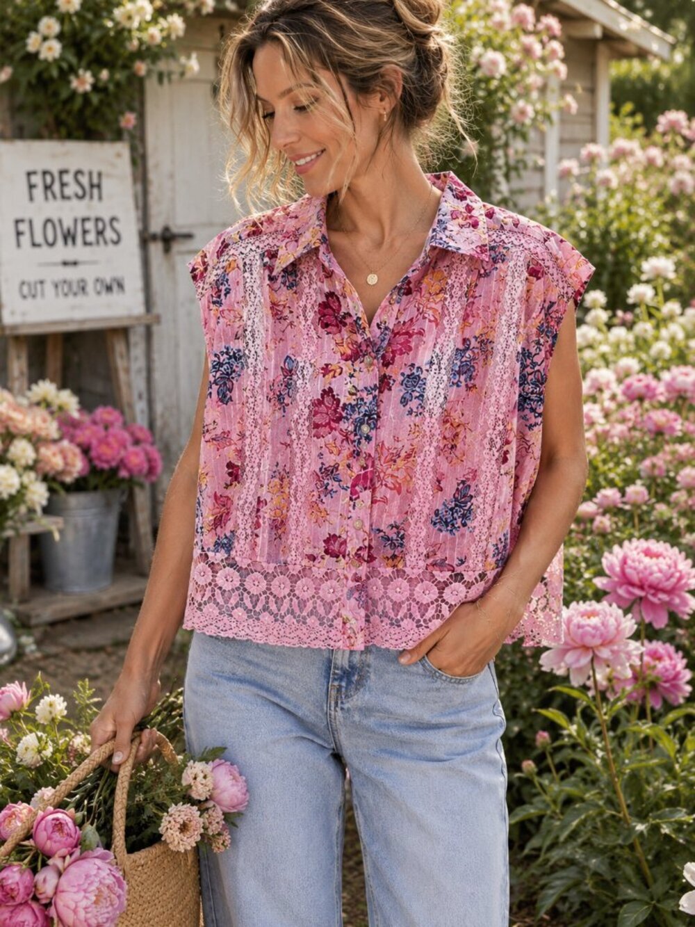 Pilcro Floral Lace Trim Boxy Blouse Pink Cottagecore Oversized Cotton Top SP